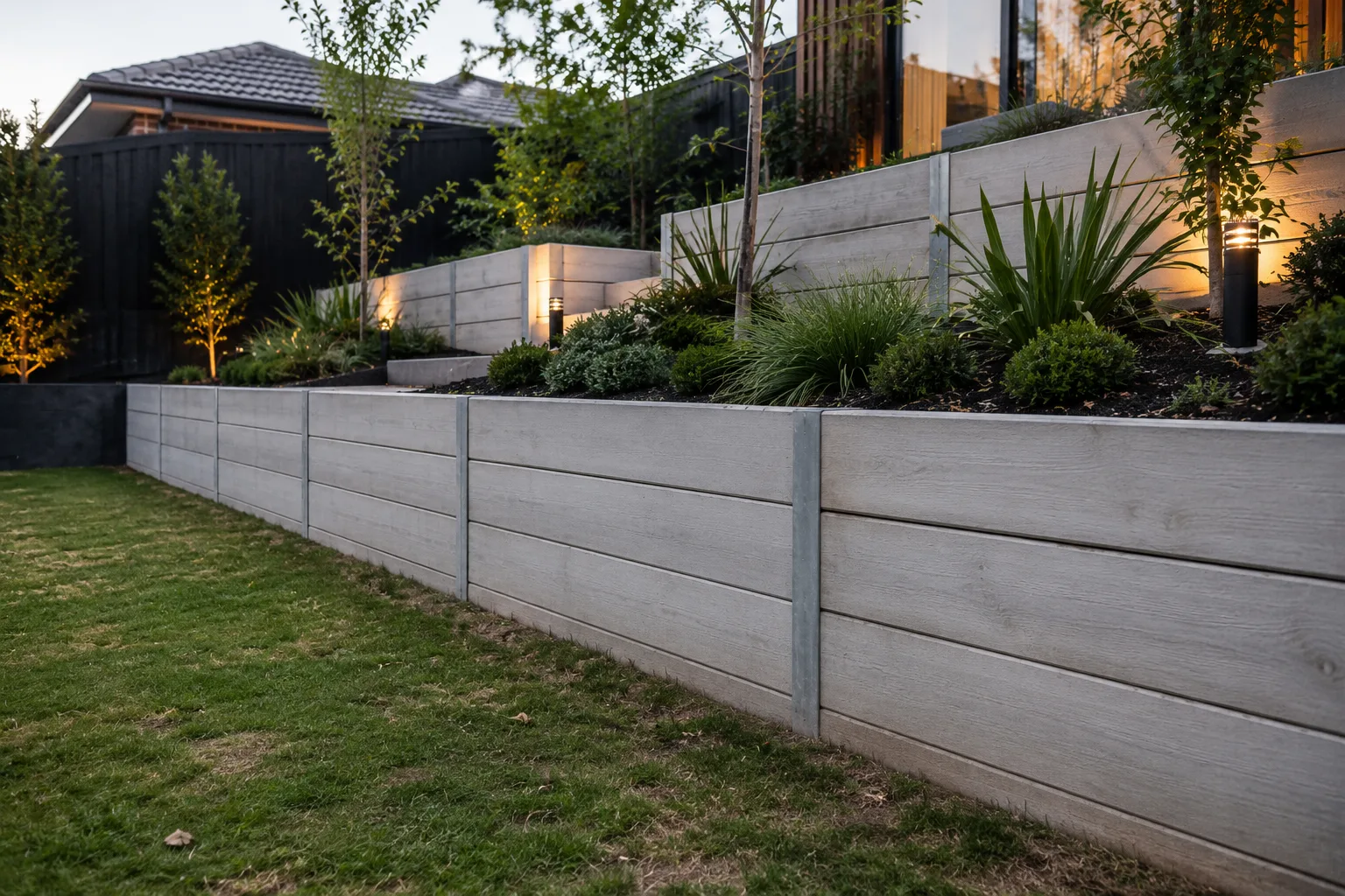 Concrete sleeper boundary retaining wall