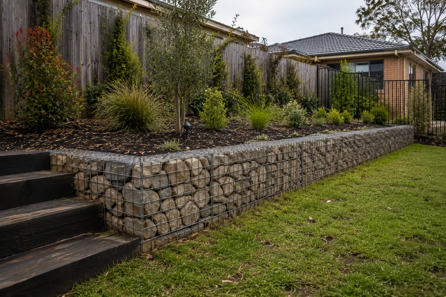 Gabion retaining wall with garden landscaping