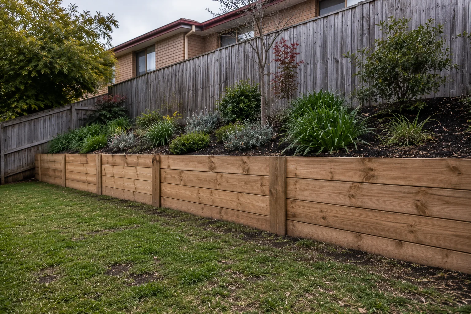 Timber retaining wall on a hillside block
