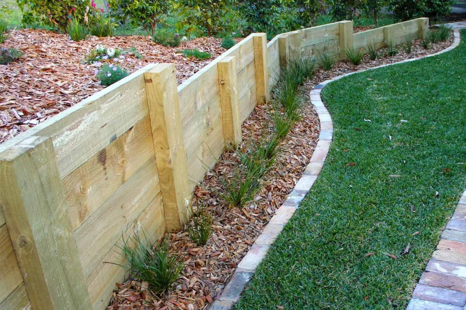 Timber retaining wall with garden edging on the Mornington Peninsula